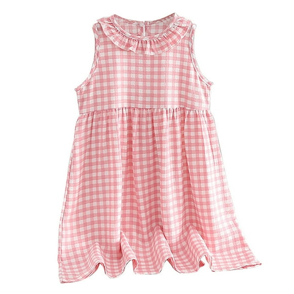 LLYwey Girl Spring Dress, Girls Smock Dresses, Toddler Summer Round Neck Sleeveless Denim Jeans Dresses Tie Front Pleated A-Line Mid Length Casual Sundress , By-22, Pinks, 6T