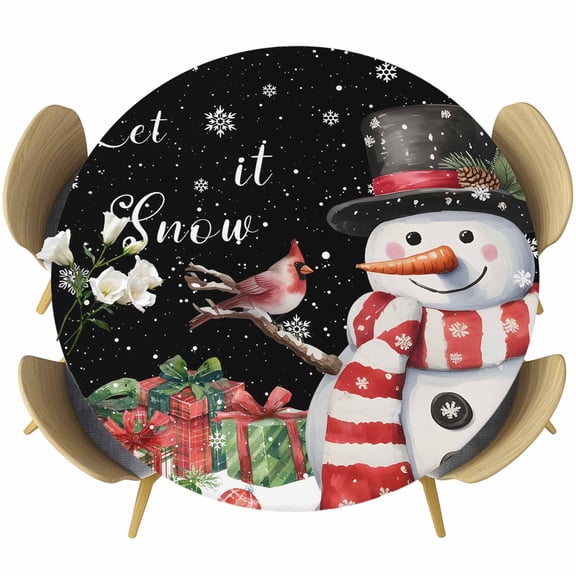 Black Snowman Christmas Table Cloth, Round Fitted Tablecloths with Elastic Edge, Winter Snowflake Xmas Gifts Wipeable Waterproof Table Cover for Kitchen Wedding 55-60 Inches