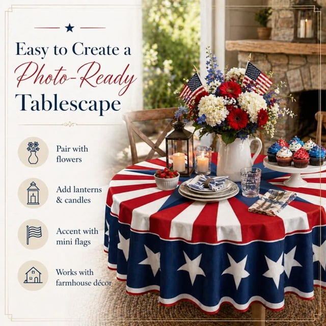 Patriotic Round Tablecloth for Independence Day Decorations, Polyester Multicolour Table Cover, Waterproof Spill-Resistant, 152 x 152 cm (1 Pc)