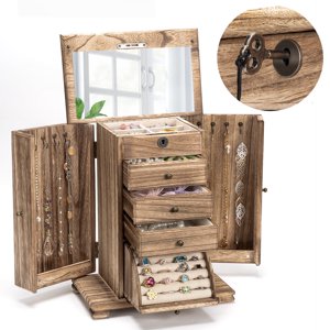 Sfugno 4-Layer Wooden Jewelry Box with Lock and Mirror