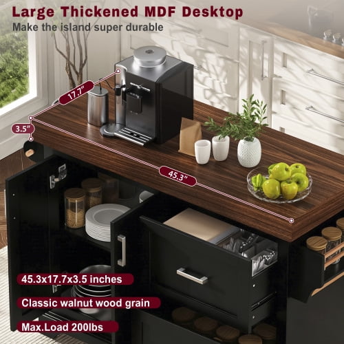 53" Large Kitchen Island with 3.5" Thick Desktop, Rolling Kitchen Cart with 5 Wheels, 2 Extra-Large Drawers & Cabinet, Spice Rack, Towel Rack, for Home, Kitchen, Dining Room, Black