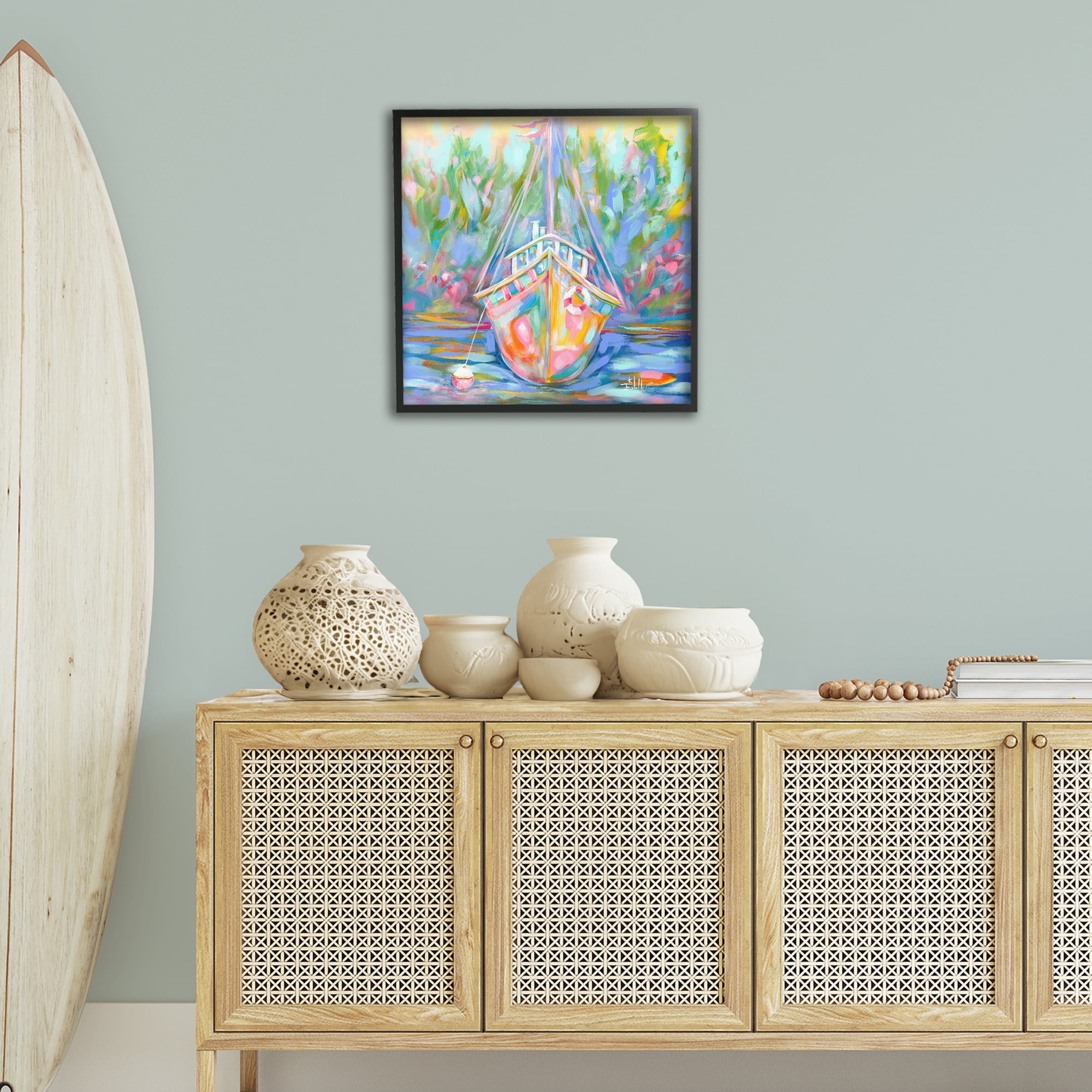 Stupell Industries Boat In Waiting Transportation Painting Black Framed Art Print Wall Art, 24 x 24