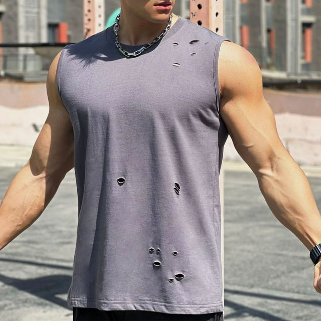 pstuiky Camisetas sin mangas para hombre, Camiseta deportiva sin mangas con cuello redondo perforado, informal, lisa, a la moda para hombre Tops elegantes para mujer xxl