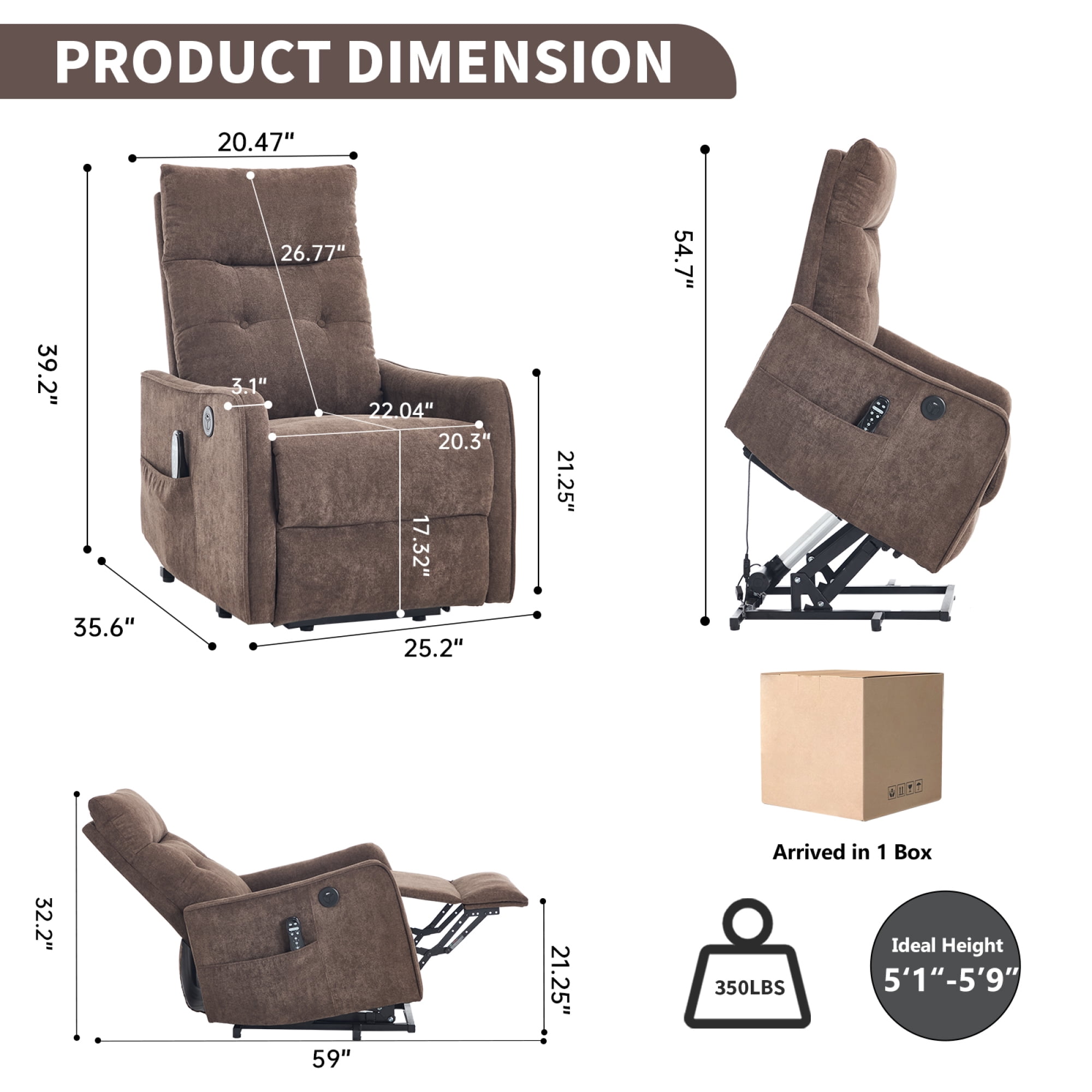 Leumius Power Lift Recliner Chair with Massage and Heat for Elderly,Heavy Duty Electric Reclining Chair with Side Pockets,USB Charge Port for Living Room,Brown+Chenille