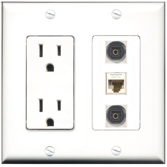 RiteAV - 15 Amp Power Outlet 2 Port Toslink 1 Port Cat6 Ethernet Ethernet White Decorative Wall Plate