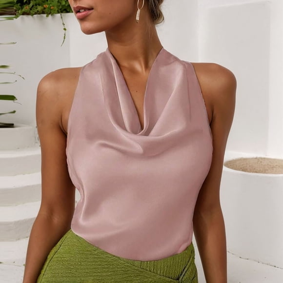 TaTaai Women Halter Neck Solid Color Tank Top Sleeveless Pile Collar V Neck Back Tie Lightweight Breathable Machine Washable No Fading Casual Fashion Top Gift