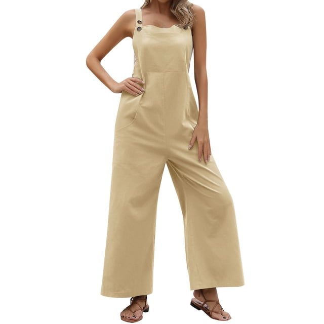 HBFAGFB Jumpsuits for Women Tie Shoulder Overall Long Pants Versatile Wide Leg Rompers Beige Size S