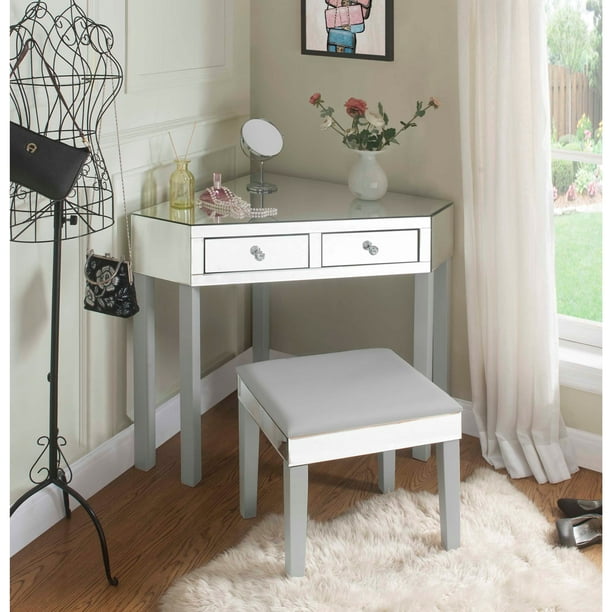 Nyssa Grey Corner Vanity Table With Stool And 2 Drawers Walmart
