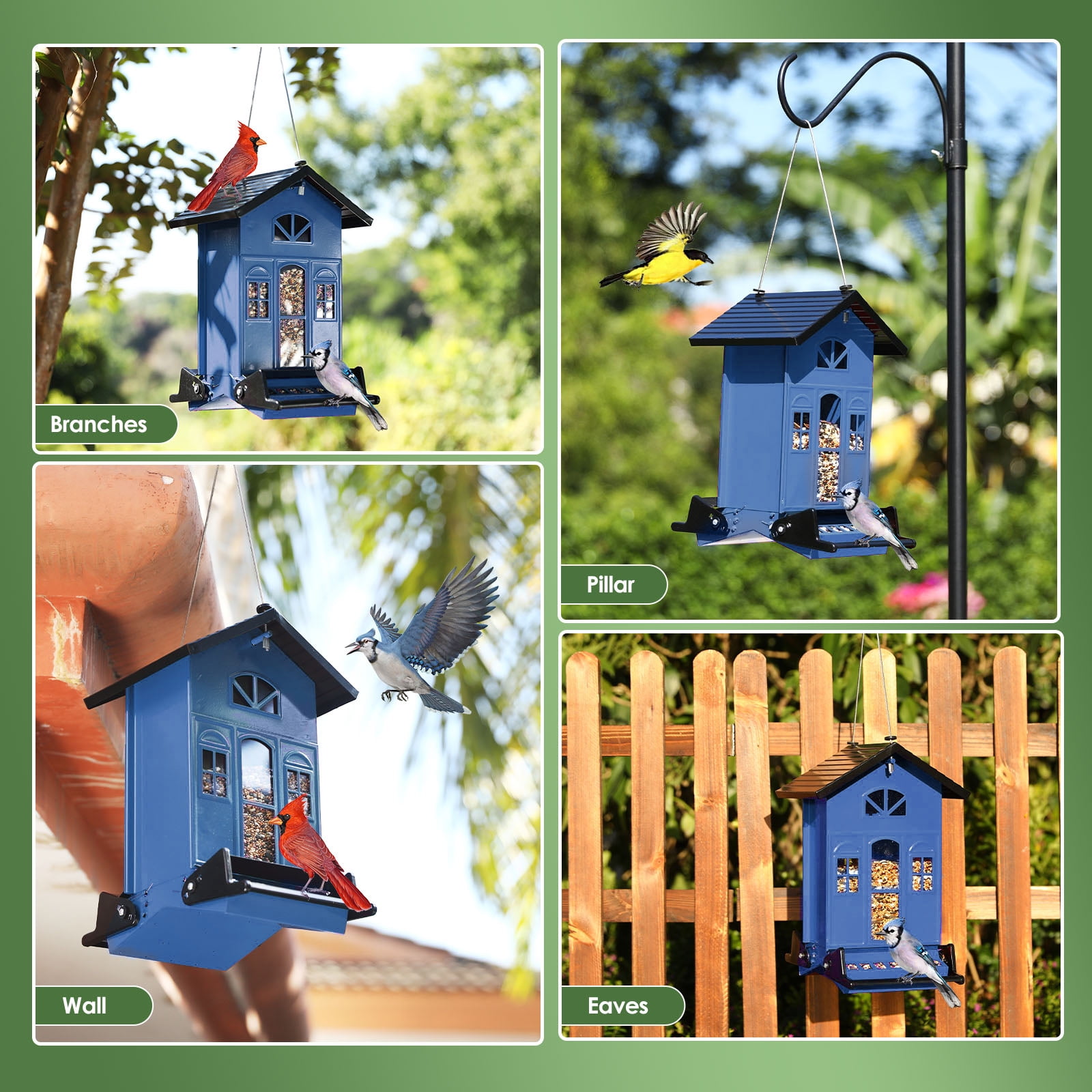 Birdkiss 5lbs Squirrel-Proof Wild Bird Feeder with Bilateral Weight-Activated Perches, 14 Feeding Ports, Outdoor Bird Feeder for Garden Yard Outside, Blue