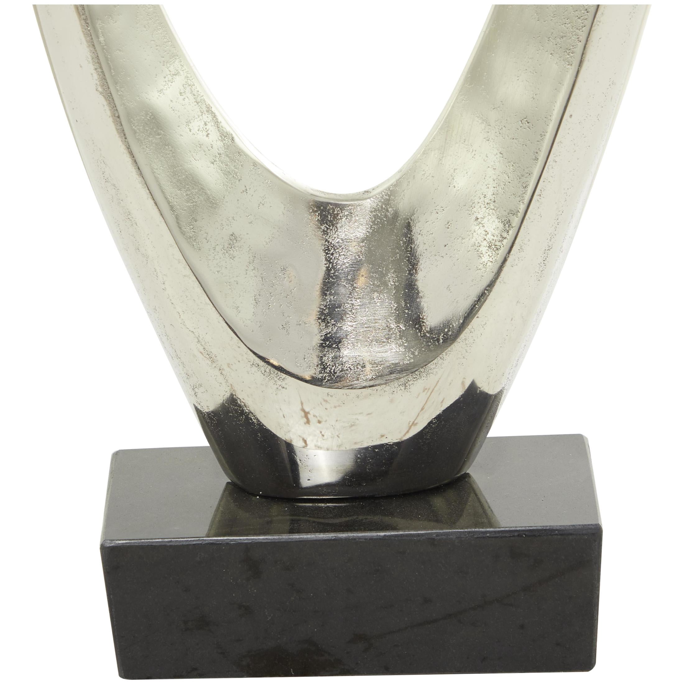 16" x 52" Silver Aluminum Metal Tall Floor Loop Abstract Sculpture with Black Marble Base, by DecMode
