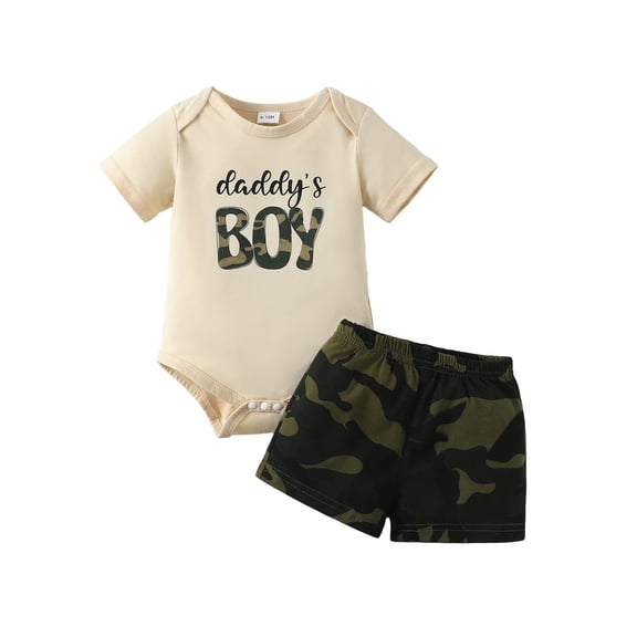 Kucnuzki Newborn Baby Boys Summer Outfits Casual Clothing Sets Short Sleeves Letter Print Romper Top Camouflage Print Shorts Sets 2pcs Apricot NB