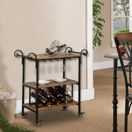 Ktaxon 2-Tier Rustic Brown Wood Top Swirl Handle Kitchen Island Serving Bar Cart