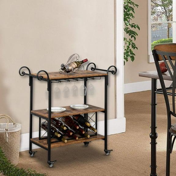 Ktaxon 2-Tier Rustic Brown Wood Top Swirl Handle Kitchen Island Serving Bar Cart