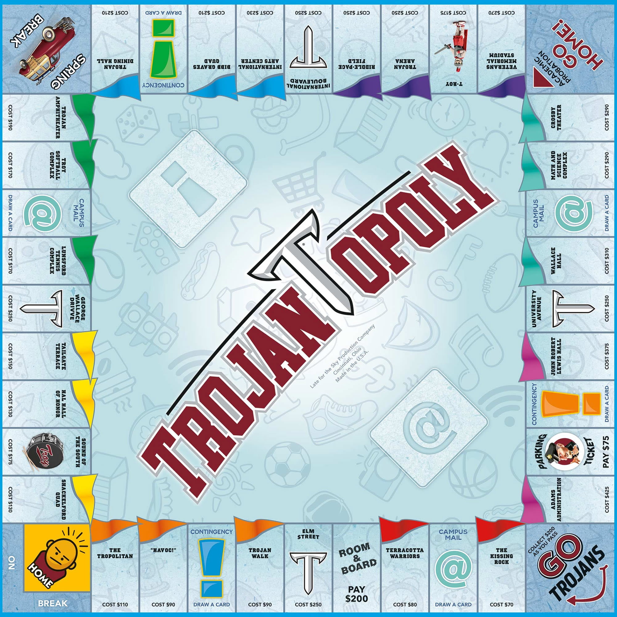 Late For The Sky: Trojan-Opoly - Troy University Themed Family Board Game, Opoly-Style Game, Traditional Play Or 1 Hr Version, Ages 8+, 2-6 Players