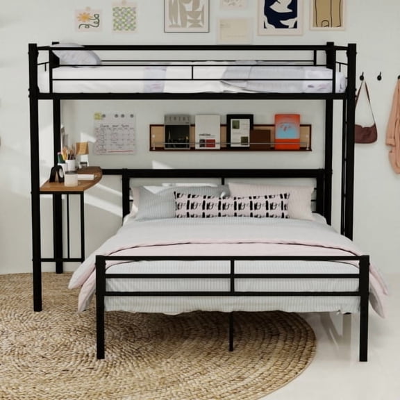 Twin Over Full Metal Bunk Bed with Built-in Desk and Storage Shelf, Sturdy Ladder and Guardrail, Space-Saving for Bedroom, No Box Spring Needed, Black