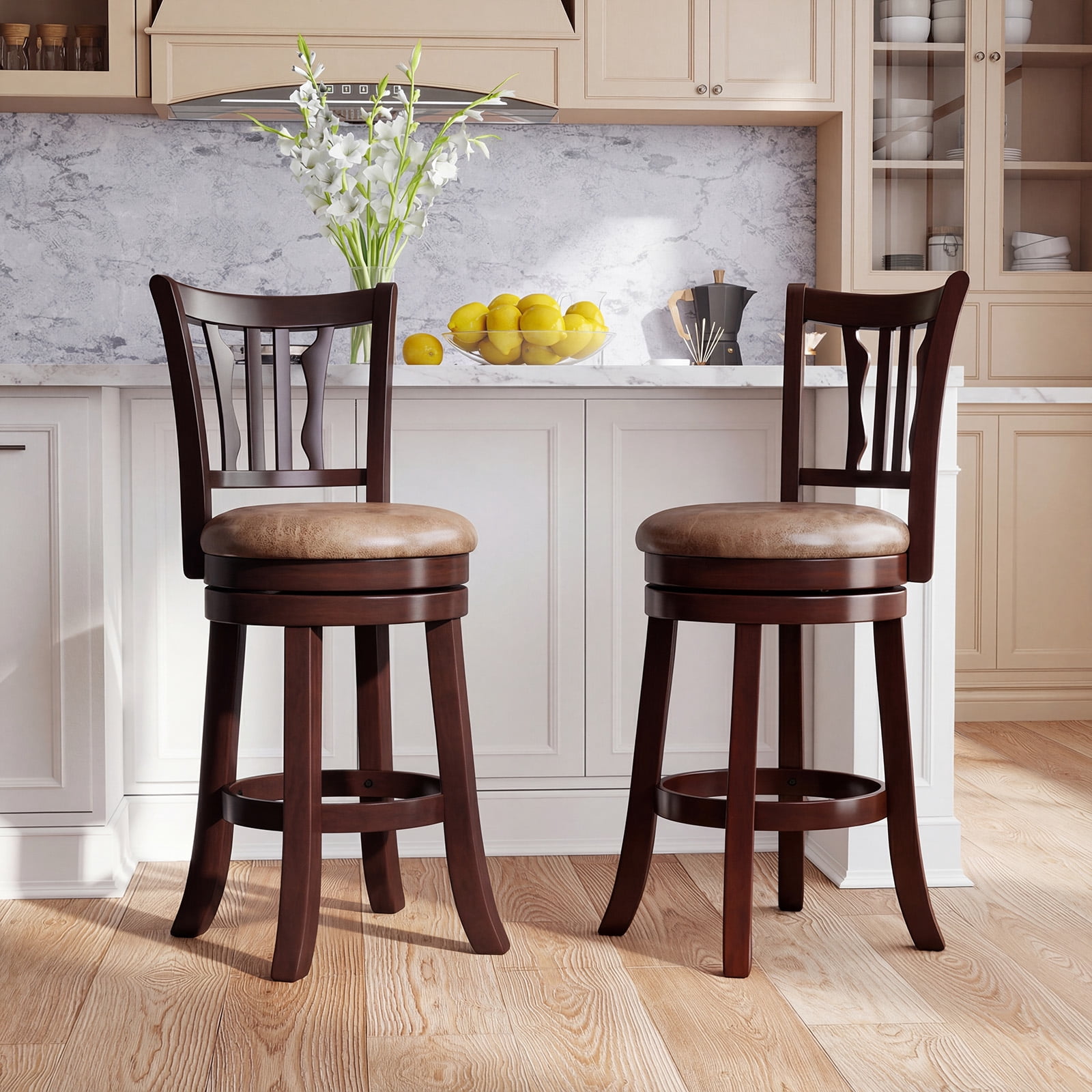 Gymax 26'' Counter Height Swivel Bar Stools Set of 4 w/Back & Faux Leather Seat