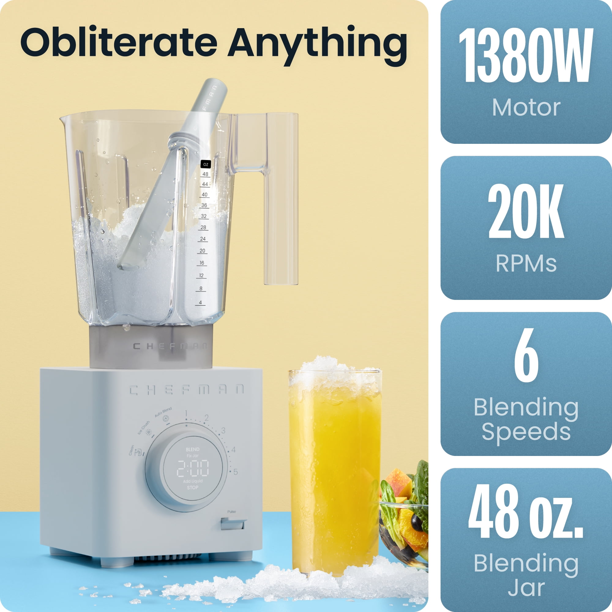 Chefman Obliterator 1380W Professional Blender w/ Auto Blend & 48oz. Tritan Blending Jar – Concrete