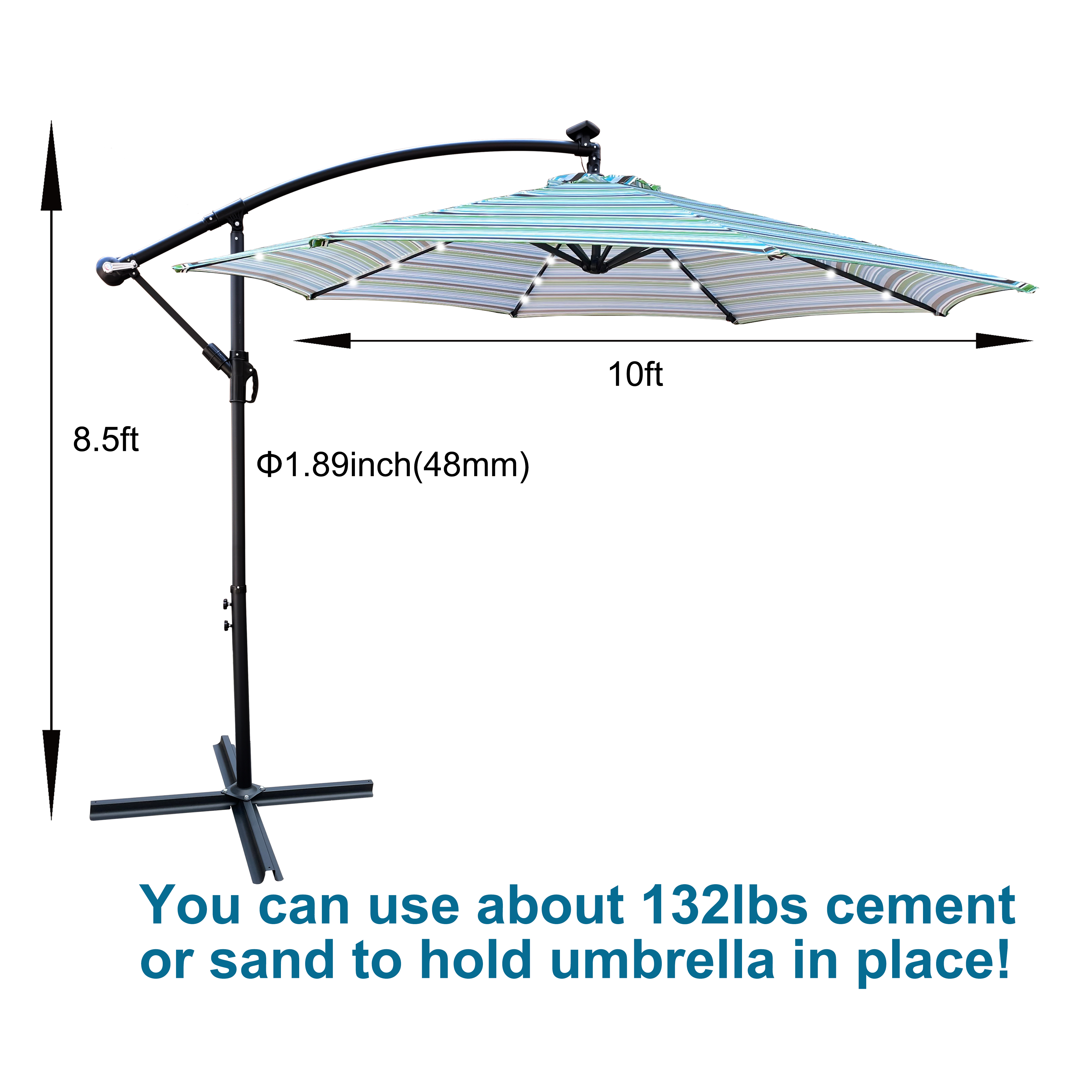 Branax Patio Umbrella, 10 FT Offset Patio Umbrella with Base Included, Outdoor Patio Umbrella with Solar Lights, Crank, Push Button Tilt, Large Patio Umbrella for Garden (Blue Striped) - image 5 of 7