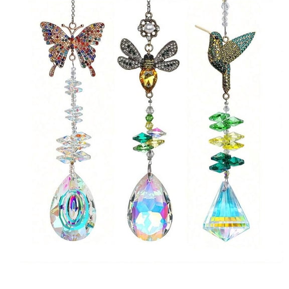 3 Pack Crystals Hummingbird Bee Butterfly with Crystal Sun Catcher, Glass Window Hanging Ornament, Crystal Prism Suncatcher Outdoor Indoor Home Garden Party Decoration