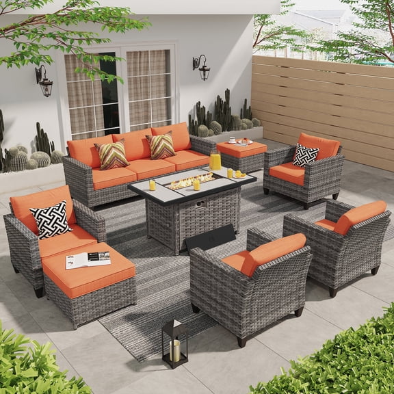 Ovios 8 Pieces Outdoor Patio Furniture Set with 42" Rattan Propane Fire Pit Table Wicker Outdoor Conversation Set with Gas Fire Pit & Ceramic Tabletop for Backyard
