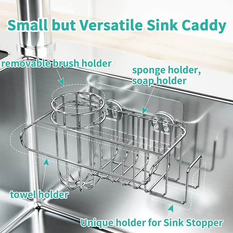 HapiRm 4 in 1 Sink Caddy Sponge Holder, Sink Basket Brush Holder + Dish Cloth Hanger + Soap Rack + Sink Stopper Holder SUS304 Stainless Steel No