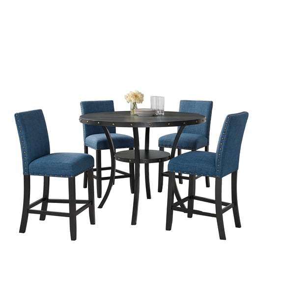 Roundhill Furniture Biony Wood Counter Dining Set with Chairs in Espresso/Blue