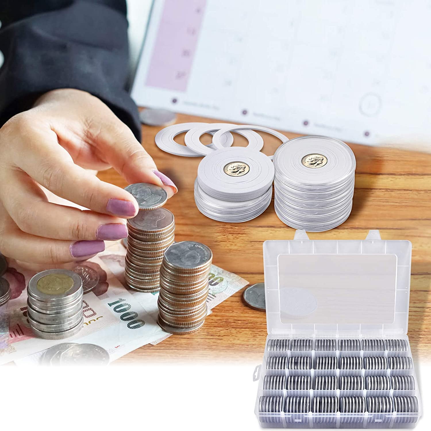 Fullcase 168 Pieces 46mm Coin Capsules with Foam Gasket and Plastic Storage Organizer Box, 6 Sizes (20/25/27/30/38/46mm) Coins Collector Case Holder for Coin Collection Supplies