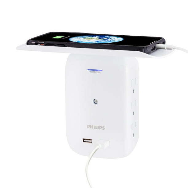 Philips 6-Outlet Surge Protector Tap with Device Shelf, 450J, 2 USB, White  – SPS6024WA