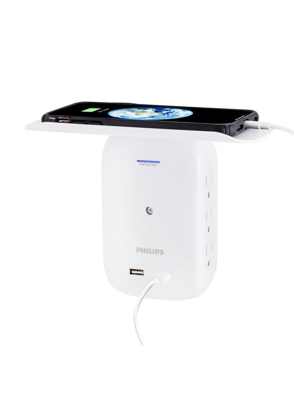 Philips 6-Outlet Surge Protector Tap with Device Shelf, 450J, 2 USB, White  SPS6024WA