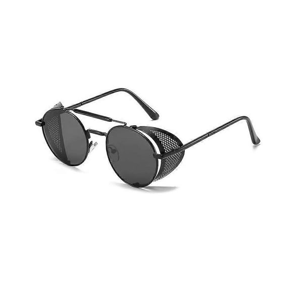 Round Sunglasses Retro Vintage Men Women Steampunk Sunglasses with Metal Frame Black Frame (Lenses: Grey)