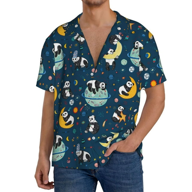 Honeii Space Sleeping Panda for Men's Short-Sleeved Button-Up Collared Shirt Featuring A Pocket, Perfect for Beach Vacations, And Travel Adventures-Small