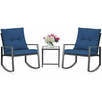 SUNCROWN 3 Piece Outdoor Rocking Bistro Set Black Wicker Furniture Porch Chairs Conversation Sets with Glass Coffee Table, Dark Blue