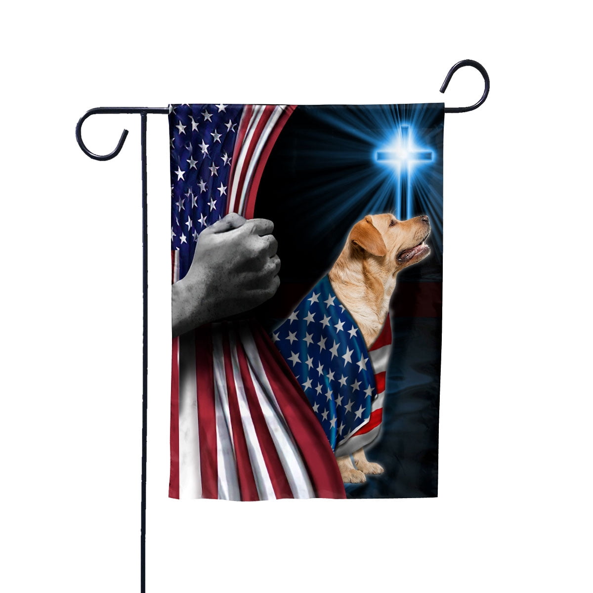 Hand Pulling USA Flag Labrado Dog Wearing Flag American Standing under Cross Christian Patriotic House Flag (3x5) Double Sided- Premium Polyester-Decorative Indoor Outdoor Flag