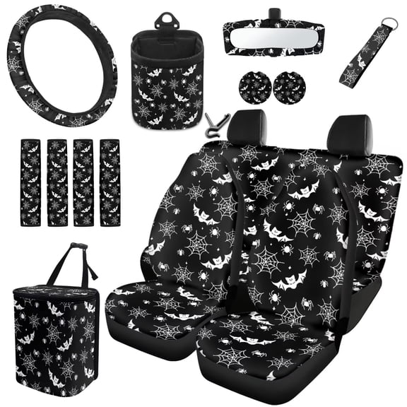 HUISEFOR 15 Packs Spider Web Car Seat Cover Full Set Non Slip Comfortable Steering Wheel Cover Seat Belt Cover Car Trash Can Air Vent Storage Bag Coasters Fit for Most Cars, Auto, SUVs