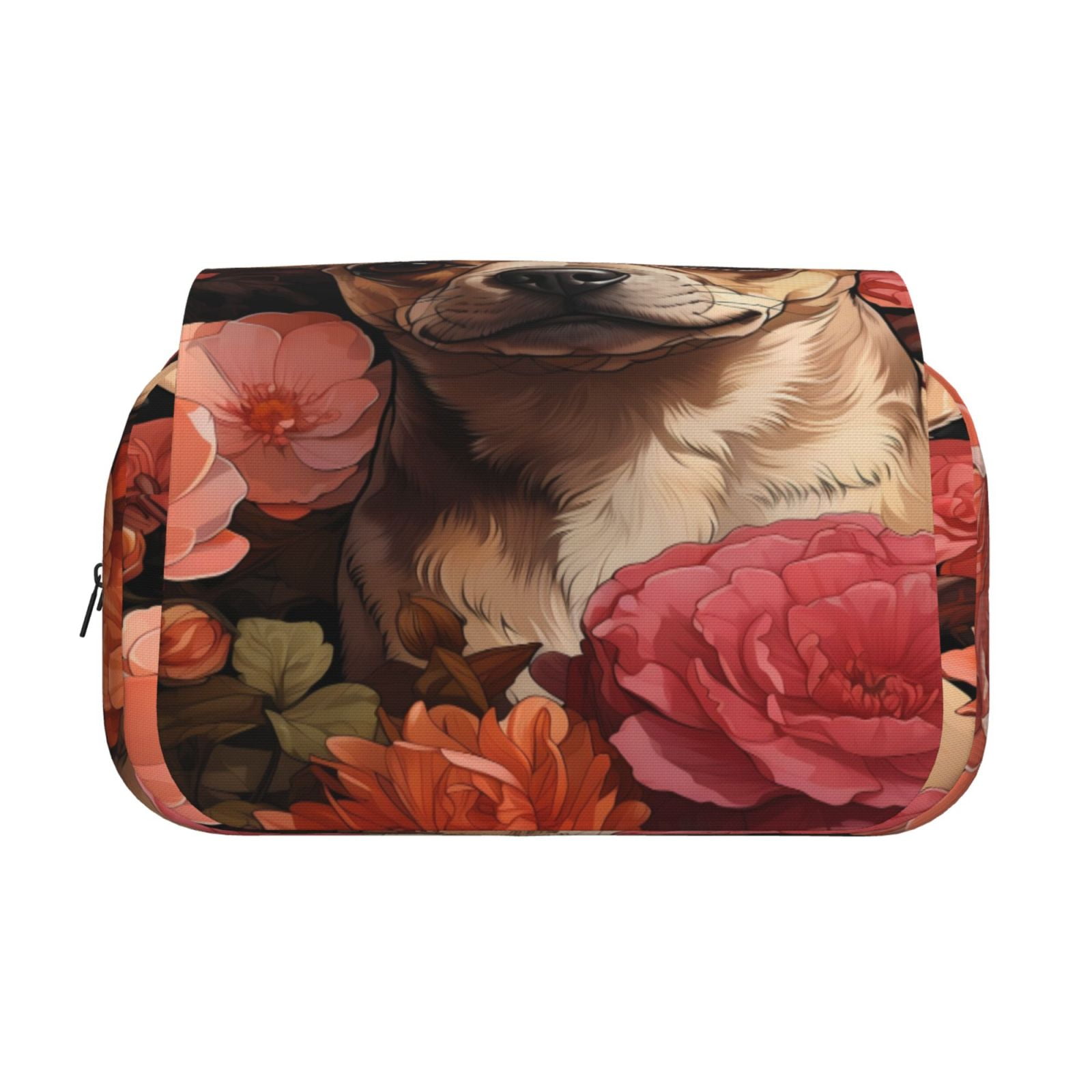Rateoe Vintage Red Flower Chihuahua Pattern Double Clamshell Pen Case, Storage Organizer with Two Zipper Compartments– Holds Up to 50 Pencils & Pens