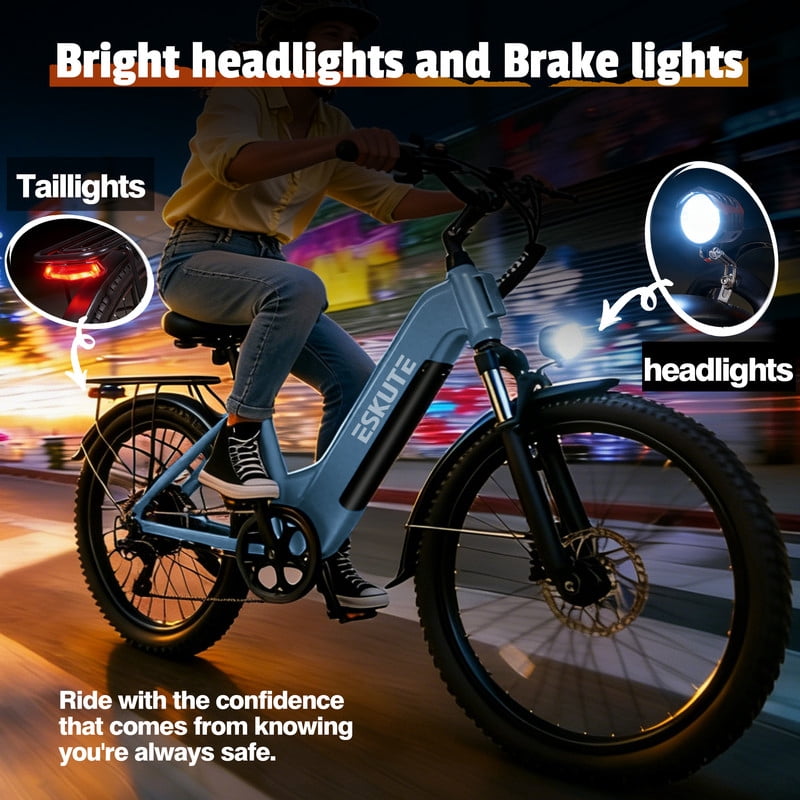 ESKUTE C200 Electric Bike for Adults, 1300W Peak Power Ebike, 28MPH Step-Thru E-Bicycle with 840Wh Removable Battery, Up to 70 Miles, 26" Tires, 7 Speed ,Blue with Phonebag & Lock, UL2849