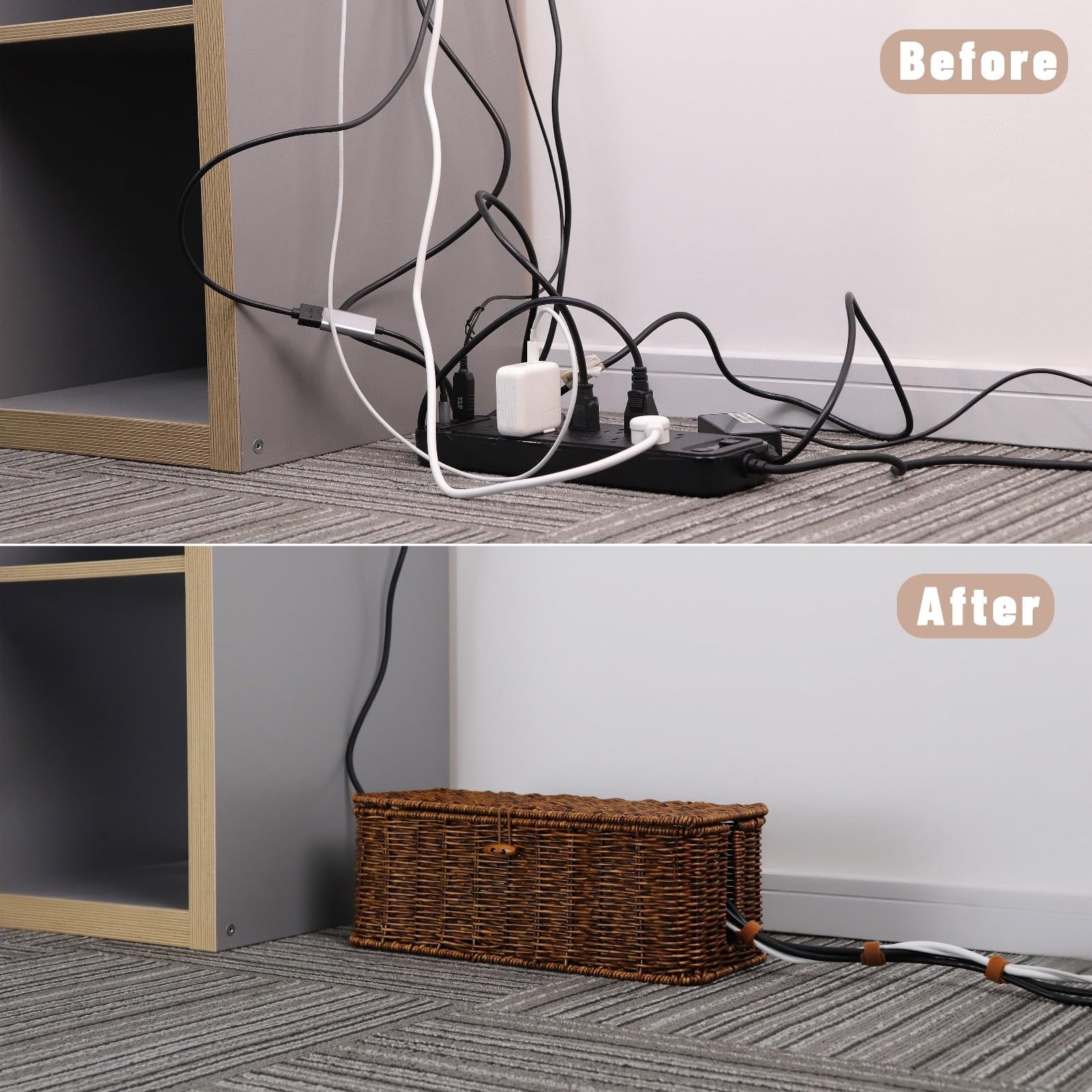 Rattan Wire Storage Box  Handmade Cord Organizer For Desk Hider Outlet Covers Proofing Power Strip Tv Pc Router Under Cable Management