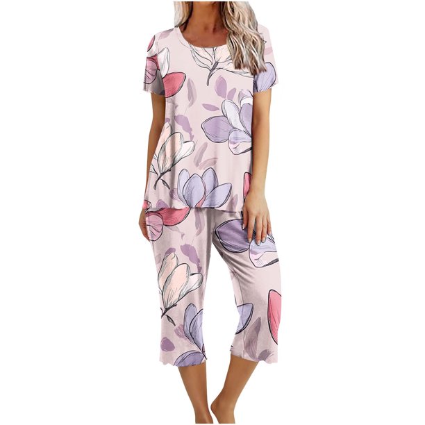 Conjunto de Verano para las Mujeres Impreso Cuello Redondo sin Mangas Y Pantalones, Casual Dos Piezas para las Mujeres