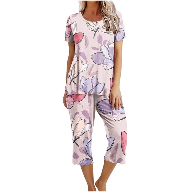 Conjunto de Verano para las Mujeres Impreso Cuello Redondo sin Mangas Y Pantalones, Casual Dos Piezas para las Mujeres