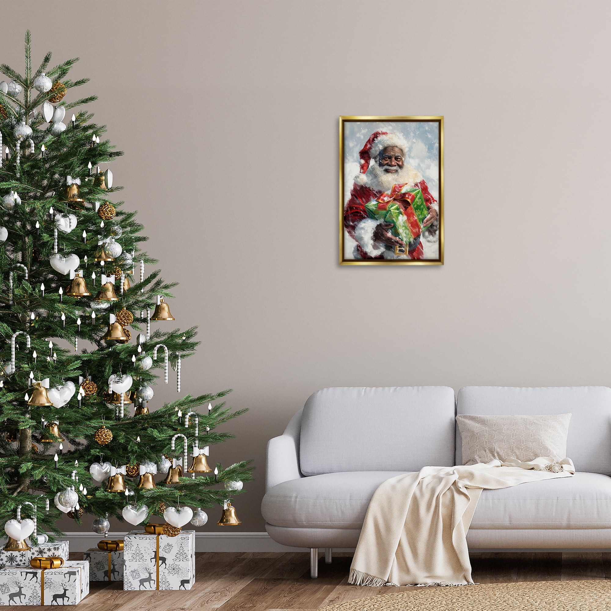Stupell Industries Santa Claus & Gift Holiday Painting Gold Floater Framed Art Print Wall Art, 17 x 25