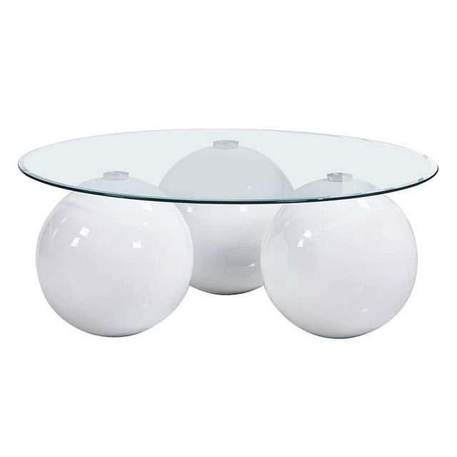 Table Basse Blanche Moderne avec Plateau en Verre Transparent et Base Sphérique