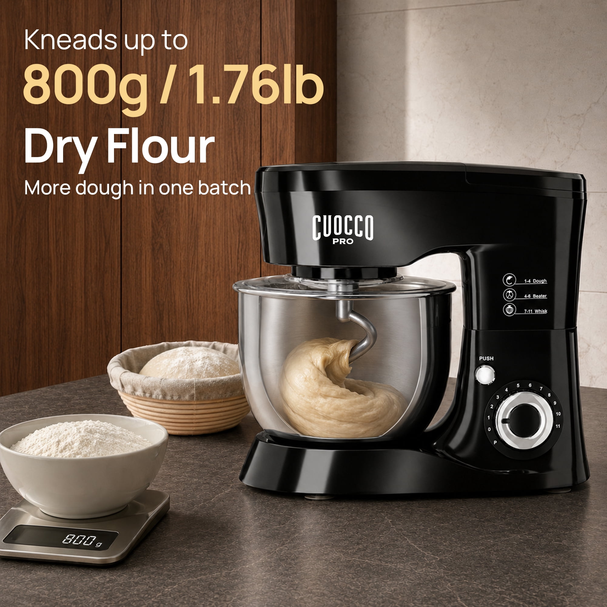 CUOCCO PRO 5.5 Qt Stand Mixer, Mixers for Kitchen, Handles Up to 800g/1.76 lb Dry Flour, 1000W Peak, 11 Speeds + Pulse, Dough Hook, Beater & Whisk for Bread & Pizza, Cake & Cookies
