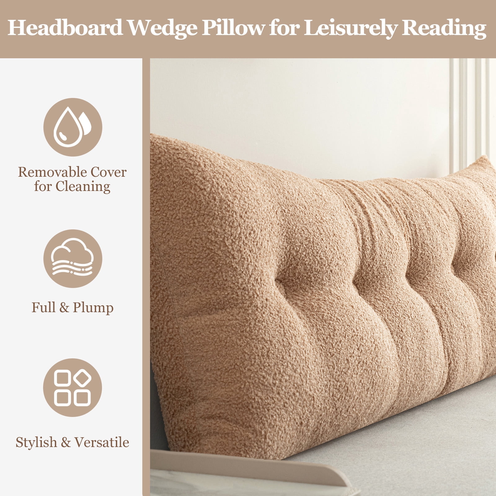 ANMINY Headboard Pillow, Teddy Velvet Fabric, Bed Rest Reading Pillow, Removable & Washable Cover, Daybed Wedge Pillow for King Beds