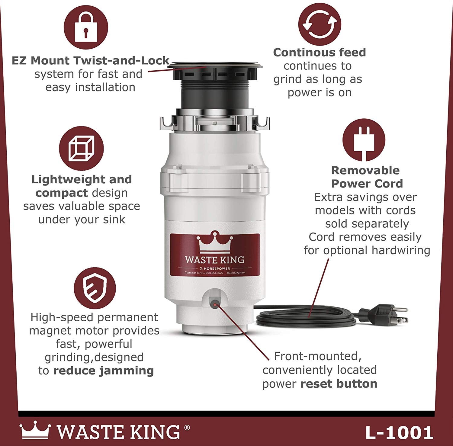 Waste King Garbage Disposal L-1001 with Power Cord - 1/2 HP Continuous Feed - Multicolor — Residential Use, Standard Application
