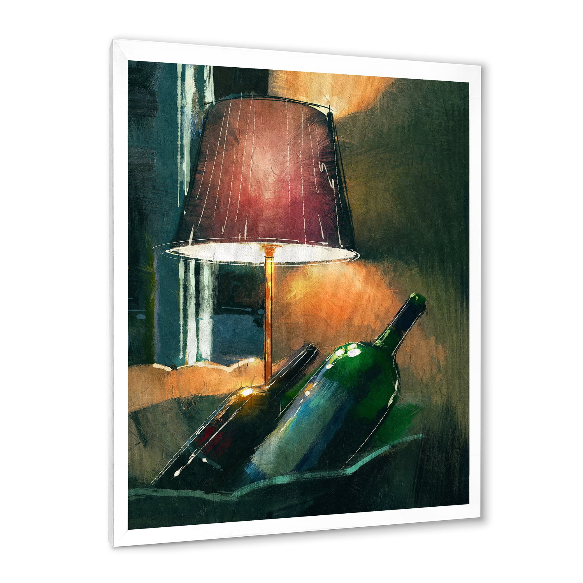 Designart 'Lamp Glowing Orange In The Night and Wine Bottles' Modern Framed Art Print