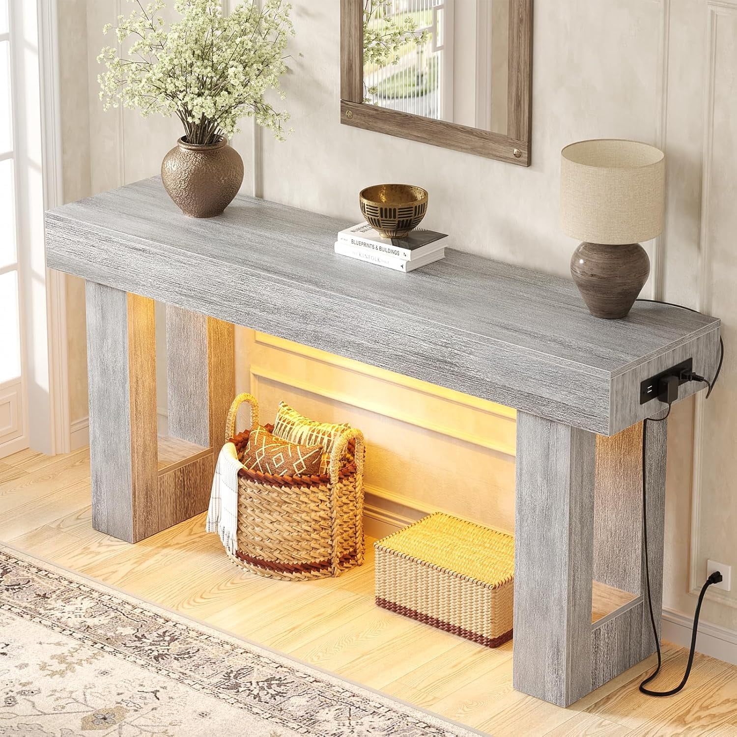 Homieasy 63'' Farmhouse Console Table with Power Outlets and Sensor Light, Wooden Entryway Table Narrow End Table with Storage for Entrance, Hallway, Living Room, Bedroom, Light Oak