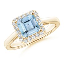 ANGARA Natural Classic Square Aquamarine Halo Ring in 14K Yellow Gold for Women (Size-6mm) | March Birthstone, Birthday, Anniversary, Jewelry Gift for Women | Natural Aquamarine Ring