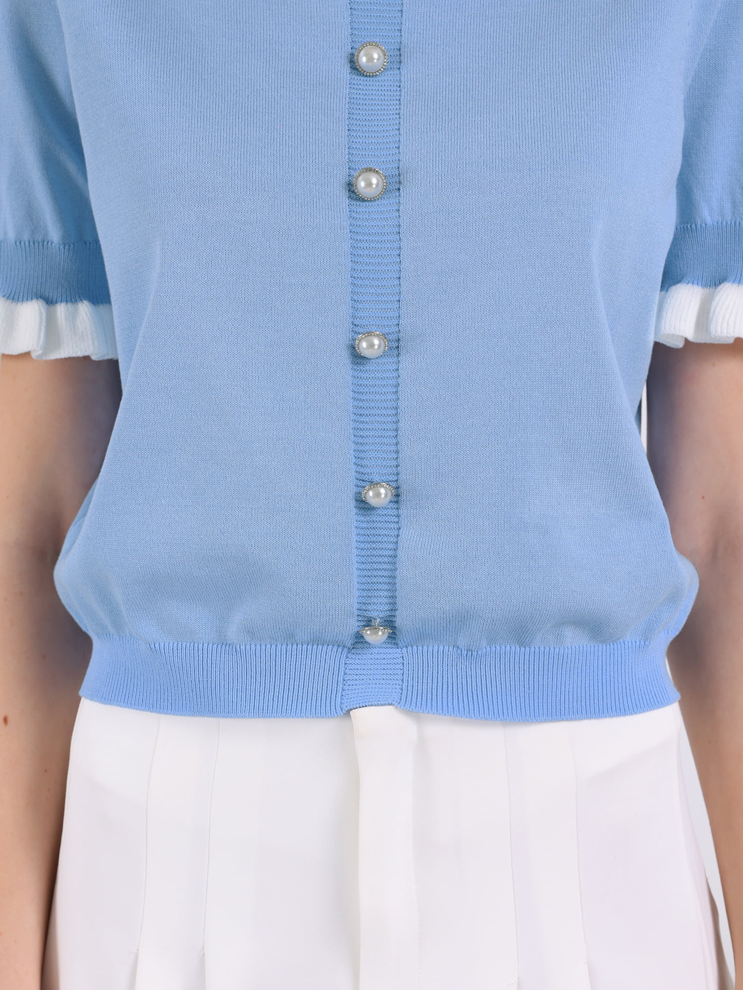 DARING DIVA Women's Puff Sleeve Dressy Vintage Knit Ruffled Crop Top L Blue
