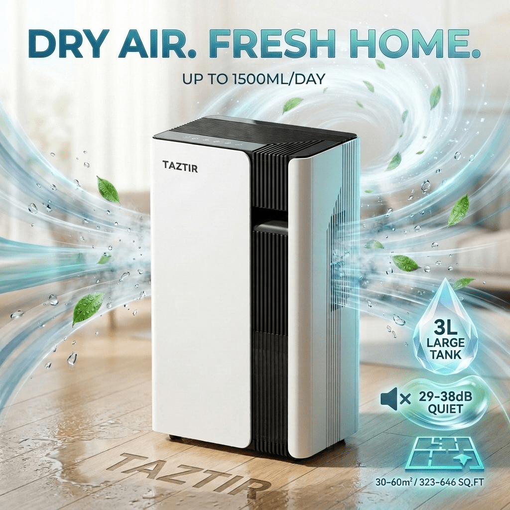 Quiet Dehumidifier For Bedroom 3L Tank, Up To 1500ML/Day Moisture Removal For Home, Basement Bathroom Living Room, 30-60㎡ Coverage, 2 Drainage Modes, Sleep Mode, Timer, Smart Touch Control