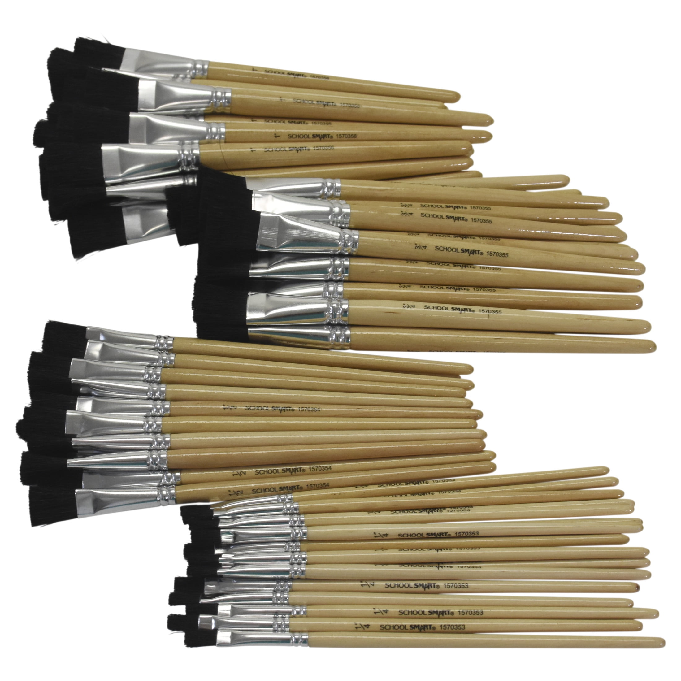 School Smart Interlocked Black Bristle Short Handle Paint Brush Set with Bucket, Assorted Size, Clear, Set of 72